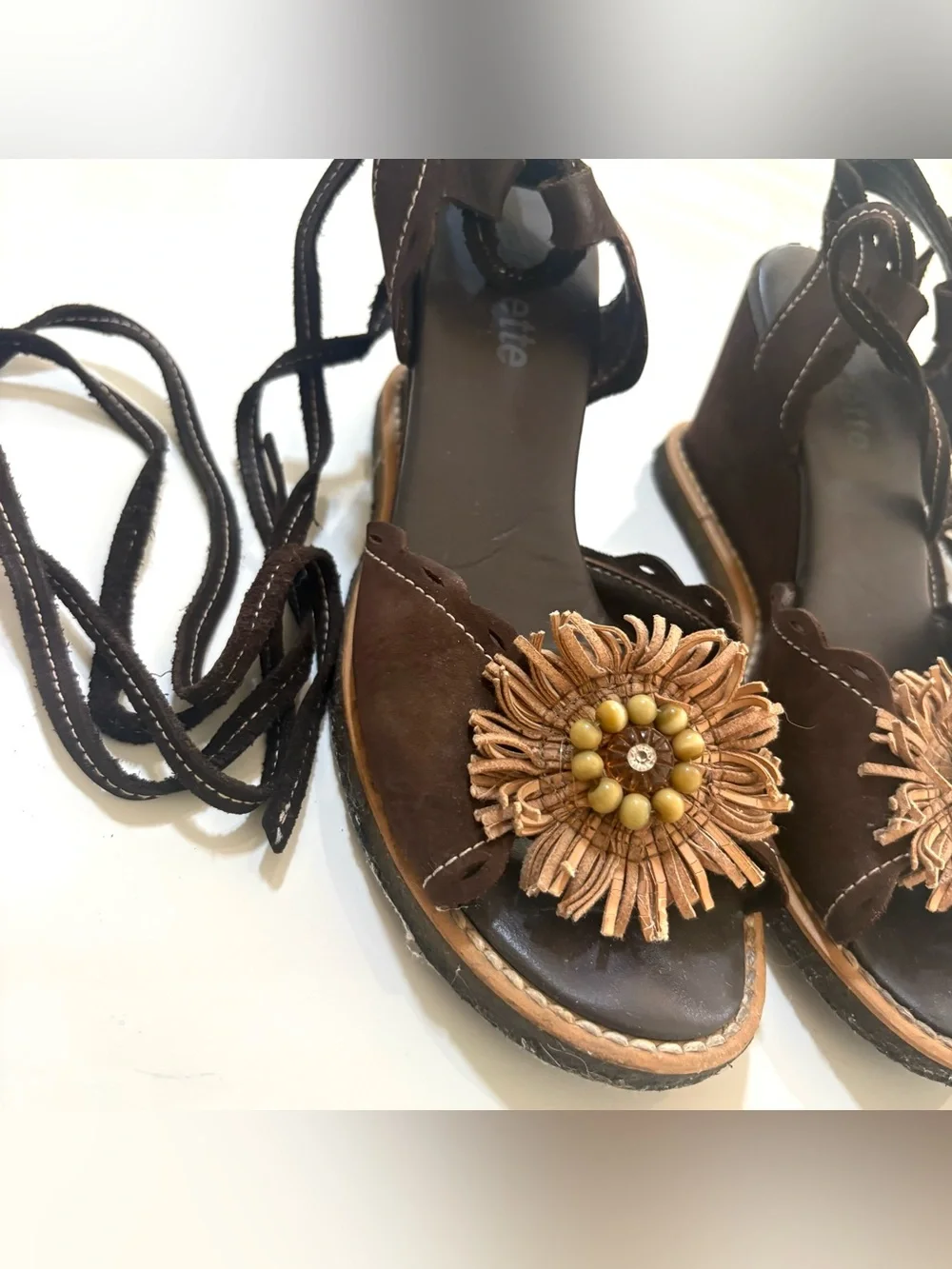 Brown Women's Floral Leather/Suede Lace-Up Wedge Sandals